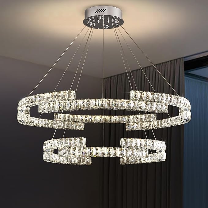 D32''+D20'' Modern 2 Ring Crystal Chandelier for Living Room Dining Room Ring Pendant Light Foyer Entrance Chandeliers LED Dimmable 3000-6000K
