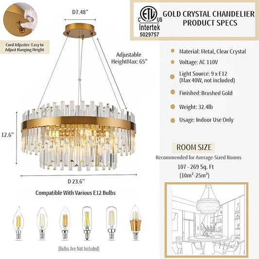 Modern Gold Crystal Chandelier, 9-Light 2-Tier Round Brushed Gold Raindrop Adjustable Flush Mount Pendant Light, E12 Base for Dining Room Living Room Foyer Entryway - 23.6" D