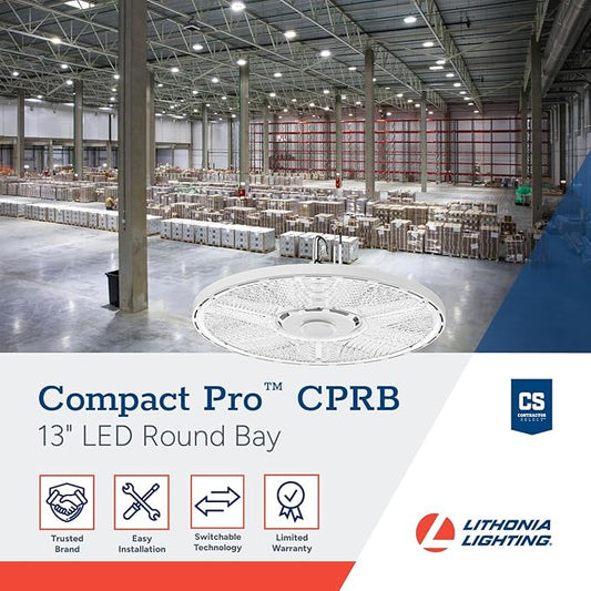 Lithonia Lighting Compact Pro Round LED High Bay Light, Ceiling Lighting Fixture, Adjustable 12000/15000/18000 Lumens, Selectable 4000K/5000K, UVOLT 120–347V, White (CPRB ALO13 UVOLT SWW9 80CRI DWH)