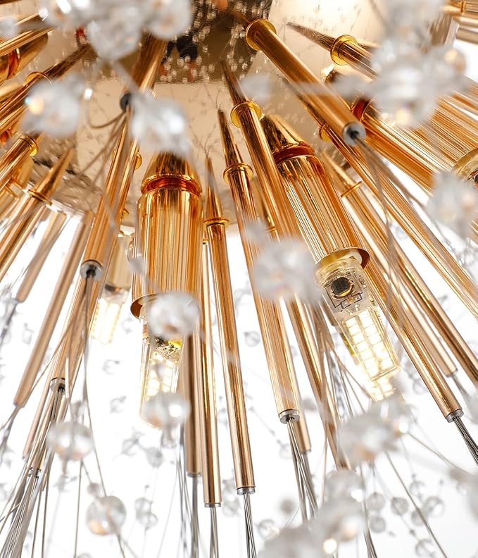 Modern Crystal Chandelier Gold, 24-Light Large Firerwork Chandelier for Living Room, 39.3" Crystal Sputnik Pendant Lighting for Entry Hallway Foyer