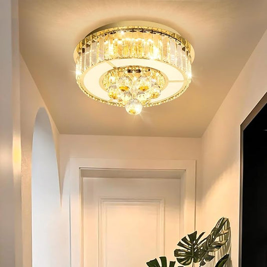 11.8" Gold Modern Crystal Chandeliers for Dining Room LED Dimmable Light Fixtures Flush Mount Light Living Room Bedrooms