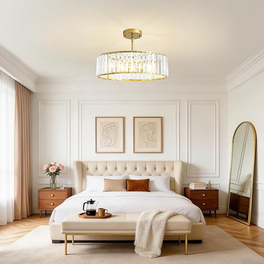 Modern Crystal Chandelier for Dining Room,16 Inch Gold Semi Flush Mount Ceiling Light Fixture,Round Kitchen Hanging Drum Pendant Lights Ceiling for Bedroom Foyer Hallway, 4-Light