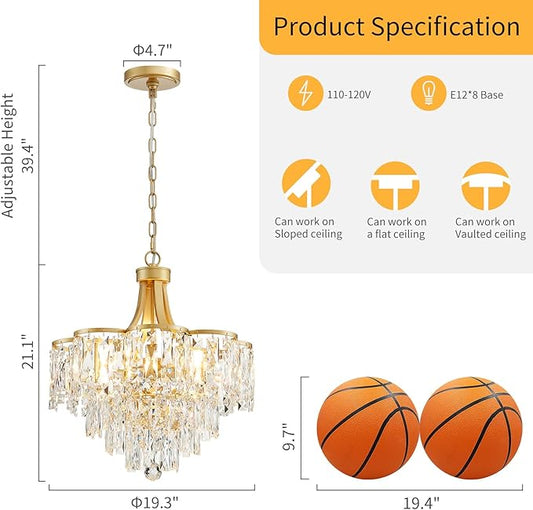 WUZUPS Crystal Chandelier Pendant Ceiling Light Modern Lighting Fixture for Bedroom Hallway Entry Kitchen Bathroom, H 21.1" x W 19.3", E12 Base, Gold