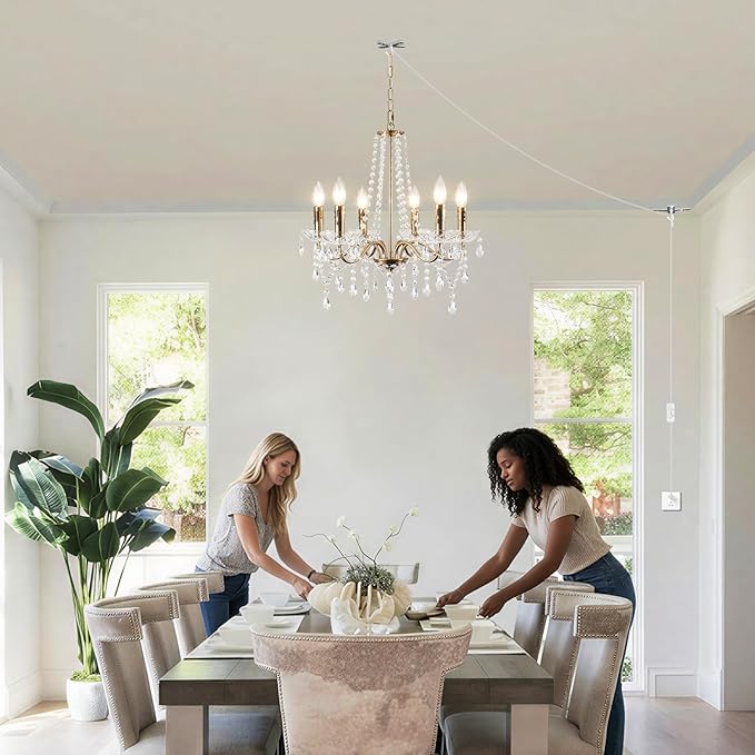 Crystal Plug in Chandelier Lighting with Long Cord, 6 Lights Gold French Country Plug in Pendant Light Modern Hanging Chandeliers for Dining Room Kitchen Bedroom Living Room