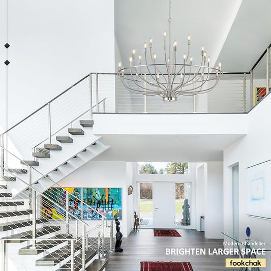 24 Light Brushed Nickel Chandelier 51'' Large Candle Chandeliers for High Ceiling Foyer Modern Classic Chandelier Light Fixture for Large Living Room Dining Room Stairs Entry Restaurant Hotel