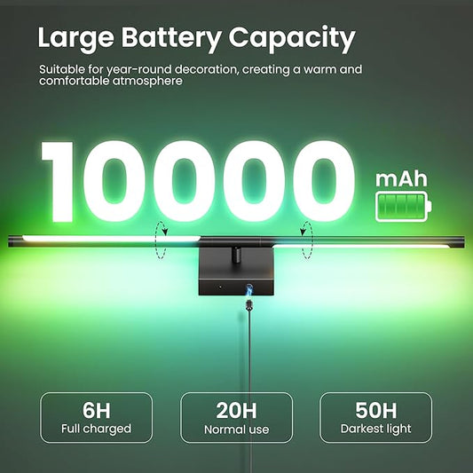 Battery Operated Wall Sconces Set of Two, 10000mAh Rechargeable Wall Lights with Remote Control, 360° Rotate Dimmable Black LED Cordless Lighting for Bedroom, Living Room, Hallway, 29 Inch, RGB