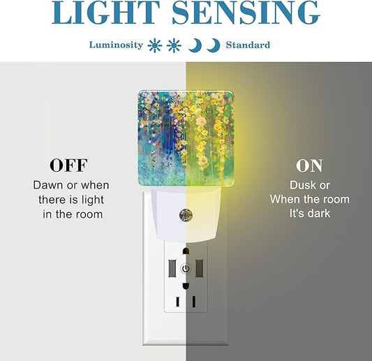 Abstract Ivy Flowers Watercolor Painting Night Light Plug into Wall with Dusk to Dawn Sensor Cute Nightlight for Kid Girls Boys Women Room Decor, Hallway, Kitchen, Bathroom, Nursery, Stairs