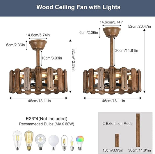 Garwarm 18in Caged Ceiling Fan with Light, Chandelier Farmhouse Ceiling Fans with Lights and Remote,Bladeless Rustic Fandelier Ceiling Fan for Kitchen, Bedroom(6 Speed, Timing)-Rustic Wood