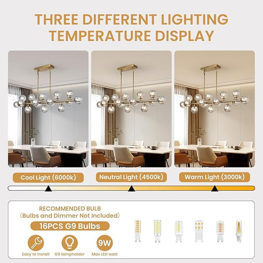 Globe Gold Chandelier Smoke Grey Linear Rectangle Modern Chandeliers Glass Pendant Light Fixture Adjustable for Dining Living Room Kitchen Island 55"