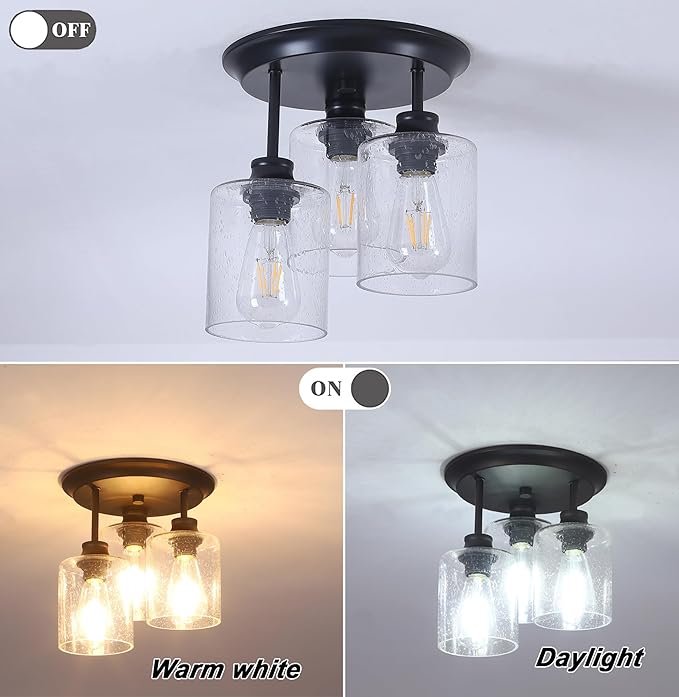 Semi Flush Mount Ceiling Light, Matte Black Kitchen Light Fixtures Ceiling Mount with Seeded Glass Shades, 3-Light Close to Ceiling Light Fixtures for Kitchen Hallway Foyer Dining Room.