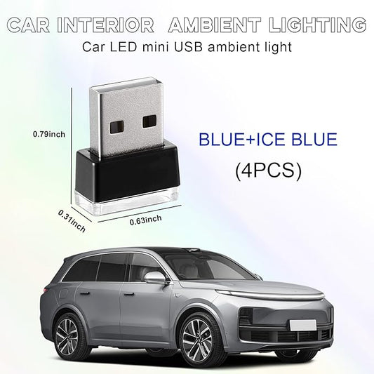 4 PCS USB LED Car Interior Atmosphere Lamp, Portable Mini LED Night Light, Plug-in USB Interface Trunk Ambient Lighting Kit, Universal Interior Car Accessories (2 Blue+2 Ice Blue)
