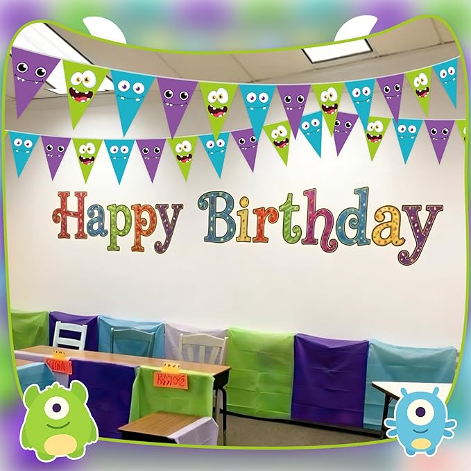 HESTYA 5 Pcs 49 ft Cartoon Monster Pennant Banner Monster Birthday Party Decoration Green Purple Blue Paper Triangle Flag Cute Bunting Garland for Cartoon Themed Party Backdrop Hanging Supplies