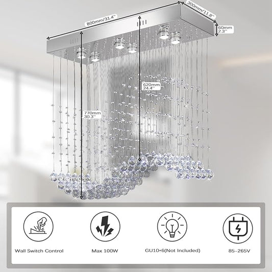 Finktonglan Linear Crystal Chandelier for Kitchen Island, 31.5'' Rectangular K9 Crystal Island Chandelier, 6-Light GU10 Height Adjustable Modern Dining Room Ceiling Light