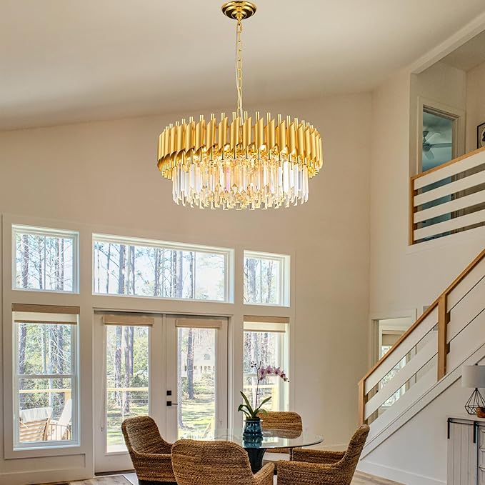 Gold Crystal Chandelier Round Chandeliers – 24" with 5-Tier Sparkling K9 Crystals, Chandeliers for Dining Room Living Room Bedroom Foyer