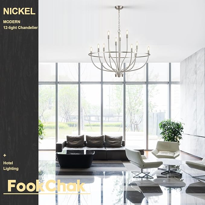 12 Light Brushed Nickel Chandelier, Large Chandeliers for High Ceilings, 36inch Metal Chrome Chandelier Light Fixture Metal Candle Chandelier with Long Chain for Dining Foyer Kitchen Bedroom