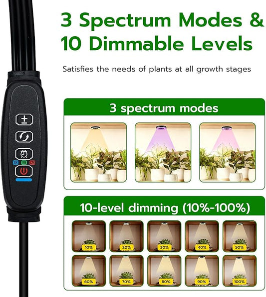 Mcbazel Ceiling Grow Lights for Indoor Plants, with 3/9/12H Auto Timer Switch, 3 Colors,10 Dimming, Quad Head, Corded, Mini Growing Lamp for Pot Plants, Succulents, Shelves