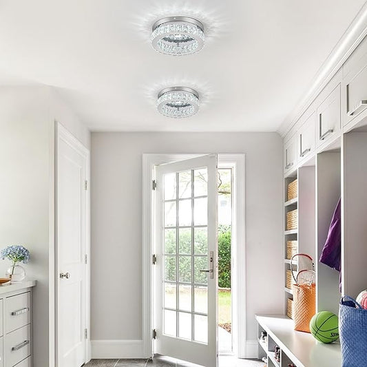 HOPGGIE 11.8“ Mini Crystal Chandelier LED Ceiling Light Flush Mount Ceiling Light Fixtures Modern Chandelier Lighting for Kitchen Closet Hallway Bedroom Foyer Laundry Room (Cool white-11.8")