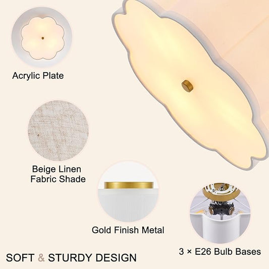 12.99“ Semi Flush Mount Ceiling Light Fixture Modern 3-Lights Gold Drum Ceiling Lighting Vintage Linen Ceiling Lamp for Laundry Room, Kitchen, Basement, Dining Room, Bedroom