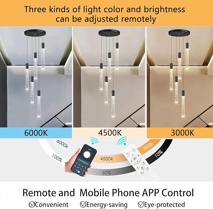 HAIXIANG 5-Lights Chandelier Modern Crystal Glam Light Remote Dimmable Pendant Lighting for Kitchen Island Dining Room Matte Black Light