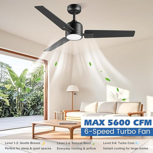 52 inch Ceiling Fans with Lights and Remote, Dimmable 3 Color temperatures LED, Reversible with Quiet DC Motor, 3 Blade High CFM Indoor Outdoor Modern Ceiling Fan for Bedroom Living Room (Black)