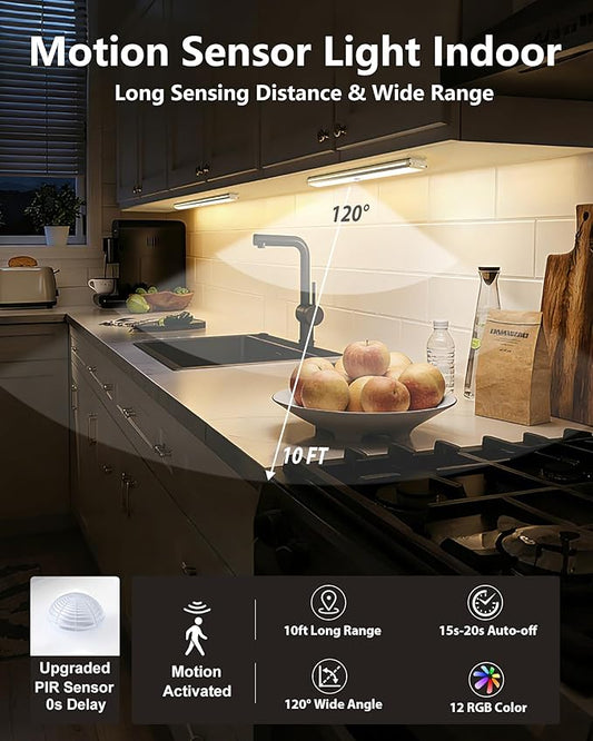 SZOKLED 58-LED Motion Sensor Under Cabinet Lights Wireless, RGB Closet Light Night Lights Remote, 1100mAh Rechargeable Under Cabinet Lighting Counter Lights for Indoor Kitchen, Stair (6 Packs)