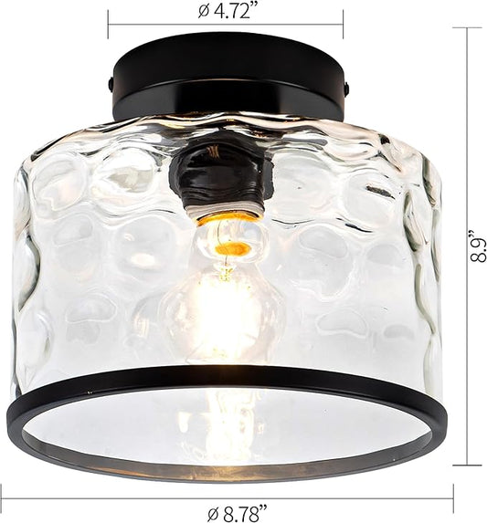 Zlepmlla Glass Ceiling Light, Black Semi Flush Mount with Hammered Glass Shade, Farmhouse Light Fixture for Hallway, Bathroom, Entryway, Kitchen,Living Room