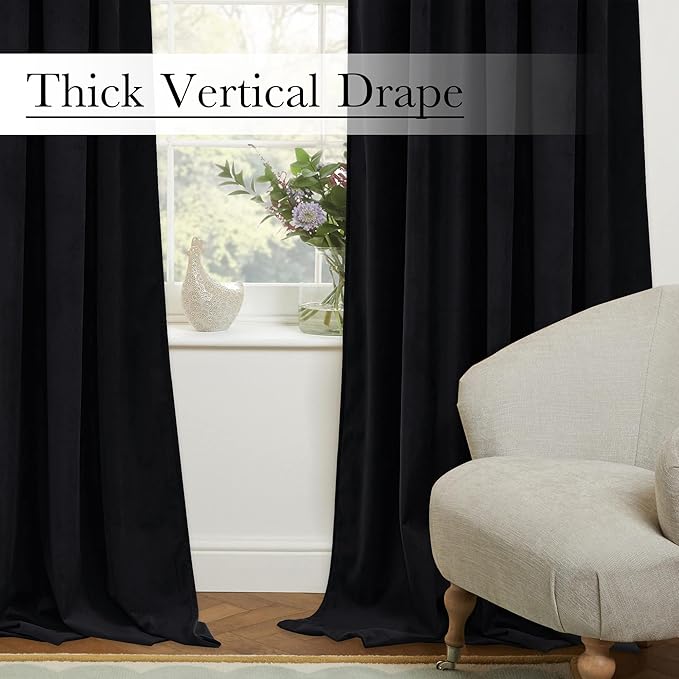 StangH Black Blackout Velvet Curtains 96 inches Long Back Tab Thermal Insulated Theater Curtains Heavy Privacy Drapes for Living Room Sliding Door Office, W100 x L96, 1 Panel