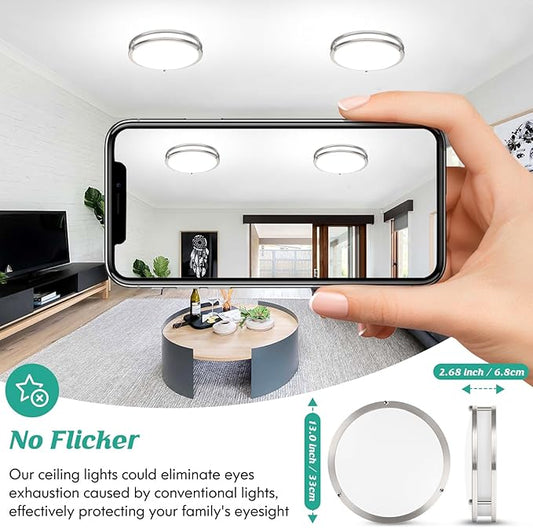 13 Inch LED Ceiling Light Fixture, 36W 4400Lm Flush Mount Ceiling Lights, Dimmable 5CCT 2700K/3000K/4000K/5000K/6500K, Super Bright Modern Bedroom Lamps for Kitchen Hallway, Brushed Nickle, 2 Packs