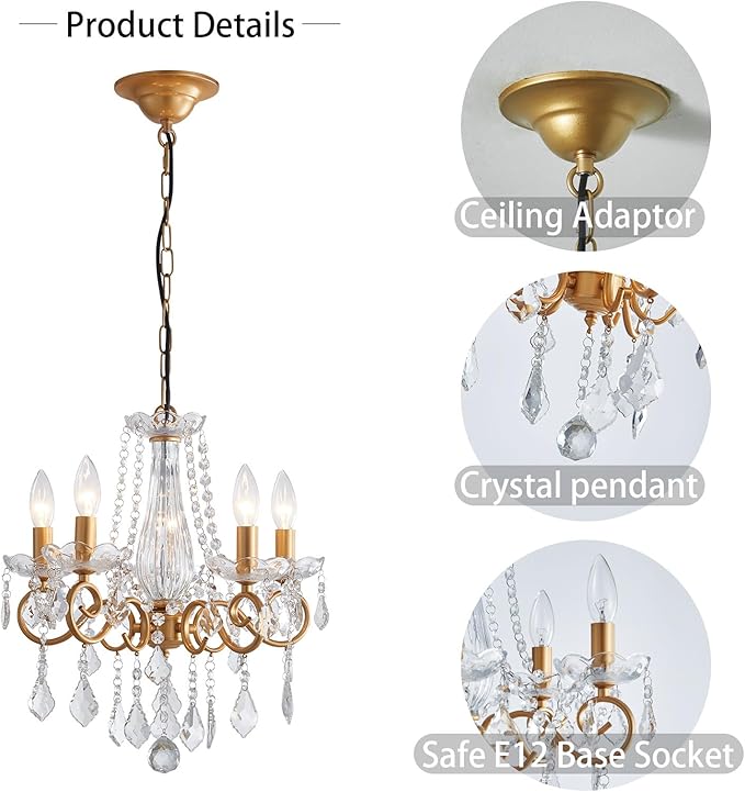 Crystal Chandelier, 5-Light Chandelier for Dining Room Light Fixture, K9 Crystal Pendant Ceiling Light Fixture, Modern Candle Chandelier for Living Room Kitchen Island Entryway Bedroom (Gold)