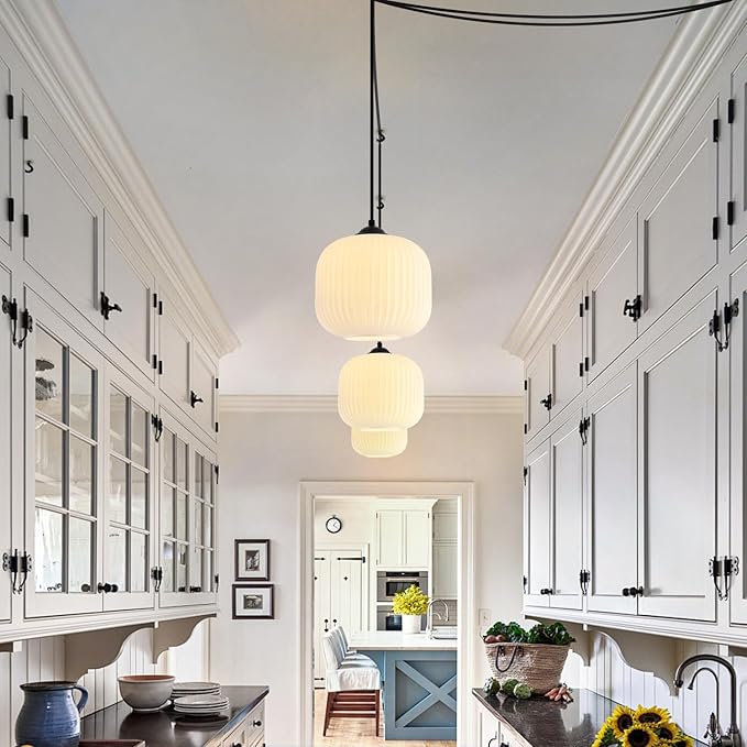 Milk Glass Hanging Pendant Light Plug in Farmhouse Black Pendant Lights Kitchen Island Lighting Frosted Glass Hanging Lamp Bedroom Plug in Ceiling Light