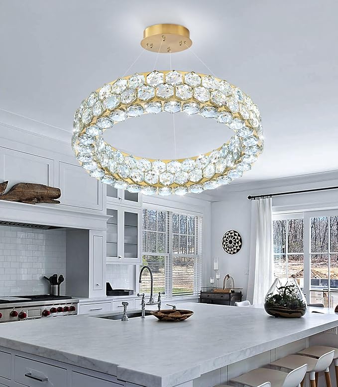 Modern Crystal Chandelier Ring Chandeliers for Dining Room Living Room Round LED Dimmable Ceiling Light Fixture for Bedroom Hallway Foyer Gold