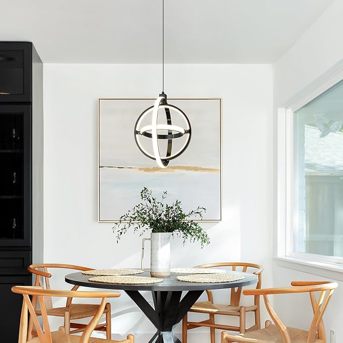 Modern LED Pendant Light Black Pendant Lights 4000K Dimmable External Glow Height Adjustable Pendant Lighting for Kitchen Island Dining Room Bedroom Living Room Foyer(3-Ring)
