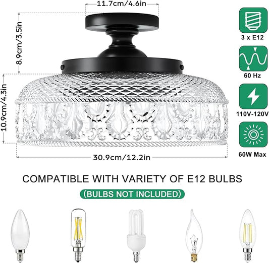 Lamomo Semi Flush Mount Ceiling Light, Upgraded Larger 12 Inch Black Hallway Light Fixture, 3 Light Globe Glass Close to Ceiling Light, Indoor Hanging Light for Bedroom Kitchen Porch Hallway