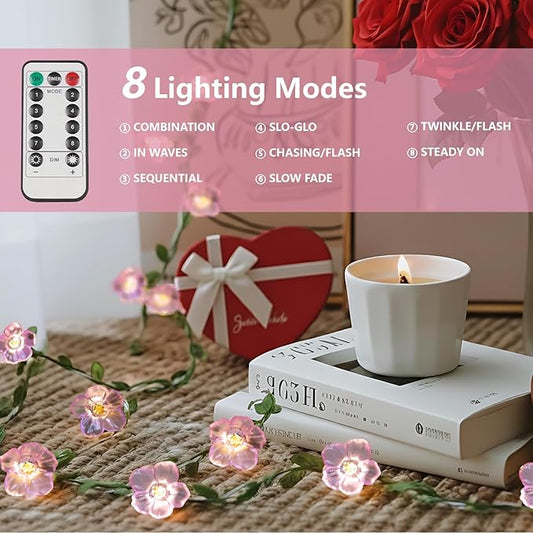 suddus Cherry Blossom Vine Lights Battery Powered,40 LED12.8 ft Flower String Lights with Leaves Remote Control,Decorative Pink Fairy Light for Bedroom, Holiday, Partry, Indoor