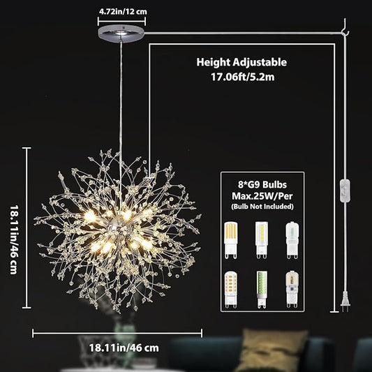 Plug in Crystal Chandelier, Modern Plug in Pendant Light Hanging Light Fixture 2-in-1 Chrome Pendant Light Dandelion Chandeliers for Dining Room Bedroom Kitchen Foyer Entryway Living Room
