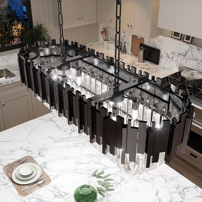 32" Black Rectangular Crystal Chandelier, Modern Flush-Mount 8-Light Ceiling Light Fixture, K9 Raindrop Luxury Pendant Lighting for Dining Room Living Room