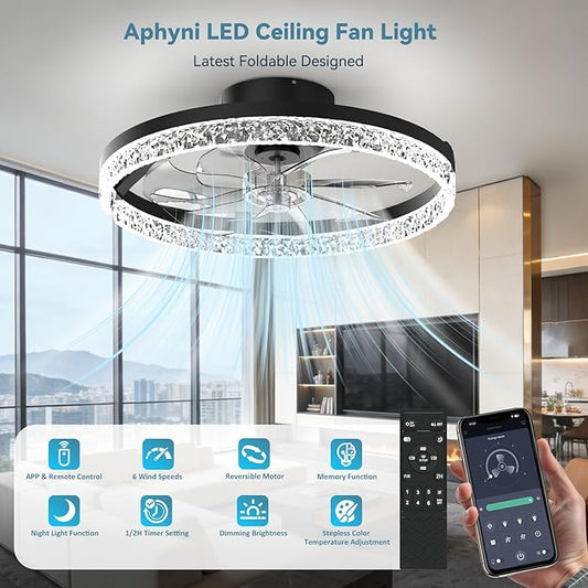 AIKVSXER Ceiling Fans with Lights,20 Inch Low Profile Fandelier with APP Control, Ultra Quiet,3CCT and 6 Wind Speeds for Bedroom, Living Room Modern Flush Mount Fan Light (Black, 20inch-Crystal Fold)