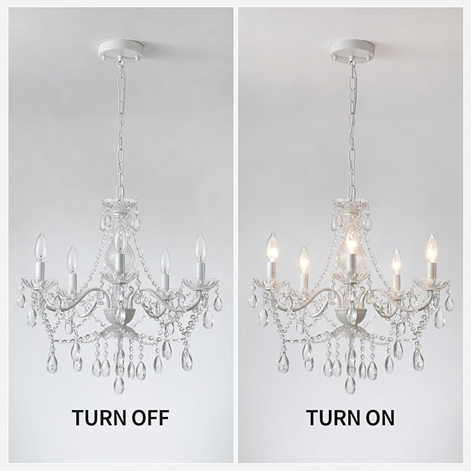 AMZASA Crystal White Chandelier, Ceramic White Hanging Pendant Light,Crystals Pendant and Glass Dish,5 Light Crystal Chandeliers for Ceiling Medallions,Wedding,Dining,Kitchen, Foyer,Mini
