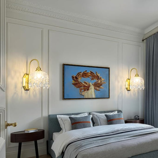 2-Pack Vintage Wall Sconce,Glass Crystal Wall Sconce,Matte Brushed Antique Brass Finish Set of Two for Bedroom Bathroom Hallway Living Room Decor