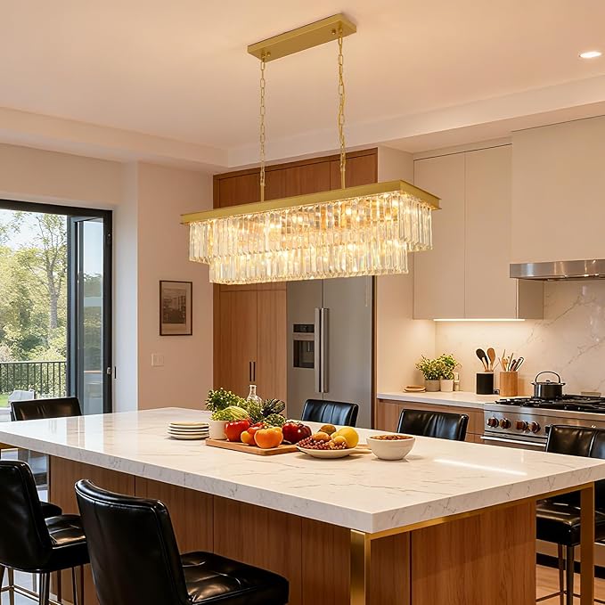 Weesalife Crystal Chandeliers for Dining Room Light Fixtures Over Table,15-Lights Gold Modern Rectangle Chandeliers for Kitchen Island Bar