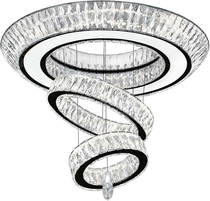 32 in Black LED Ring Chandelier, Crystal Ceiling Light for Living Room Flush Mount Chandelier Lighting Remote Dimmable, Compatible with Sloped Ceiling