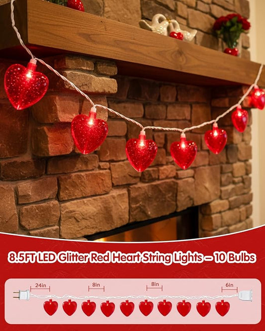 SUNSGNE Red Heart String Lights Valentines Lights, 8.5FT Plug in Fairy String Lights with 10 LED Red Heart Bulbs for Indoor Outdoor Home Room Party Wedding Valentine's Decor, White Wire