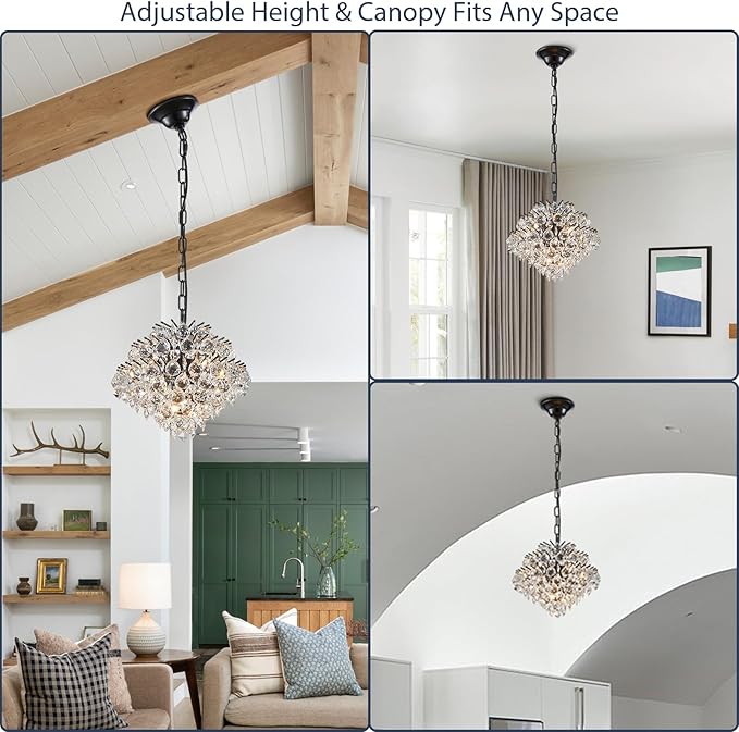 Bestier Black Modern Pendant Chandelier Crystal Raindrop Lighting Ceiling Light Fixture Lamp for Dining Room Bathroom Bedroom Livingroom 4 G9 Bulbs Required D11 in x H12 in