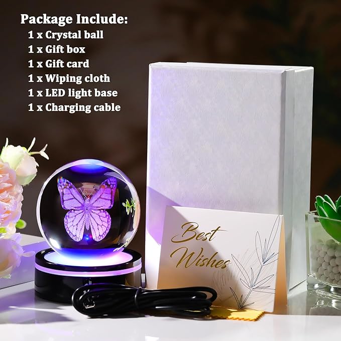 YWHL 3D Crystal Ball Butterfly Figurine with Colorful LED Base, Butterfly Gifts for Women Men on Christmas Birthday, Butterflies Ornament Glass Sphere Decorative Ball for Home Decor (80mm)