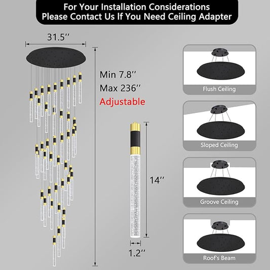 42-Lights Modern Chandelier LED Light Fixtures Adjustable High Ceiling Long Light Chandelier for Hallway Foyer Dimmable Lights with Remote Living Dining Ceiling Pendant Lighting