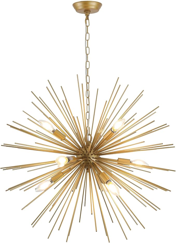 Modern 28.34" Gold Sputnik Chandelier 9-Light Mid-Century Starburst Chandeliers Solid Metal Satellite Firework Urchin Light Fixture for High Ceilings Dining Room Kitchen Living Room, E12