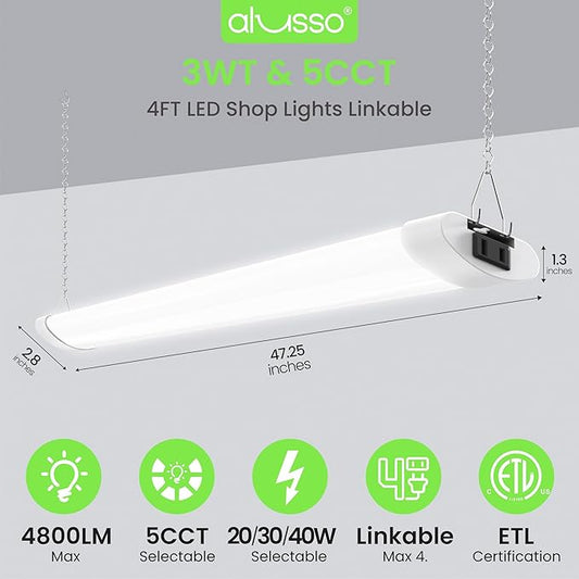 ALUSSO® LED Shop Lights 4FT for Garage, 4800LM Super Bright, Adjustable 2700K 3000K 4000K 5000K 6500K, 120V, Warm to Cool Daylight Linkable Shop Lights for Workshop/Basement, ETL Listed, 4 Pack