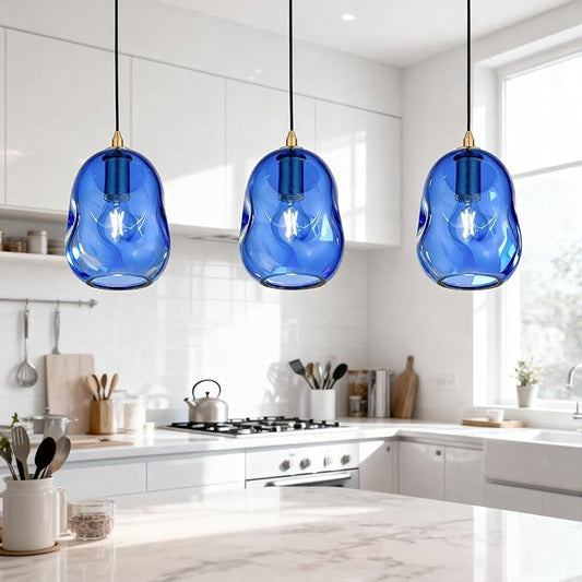 Pendant Lights Kitchen Island Adjustable Organic Globe Modern Gold Ceiling Hanging Light Fixtures for Bar, Counter, Porch, Patio, Over Sink Dining Room,Table 8.5'' Height -Blue