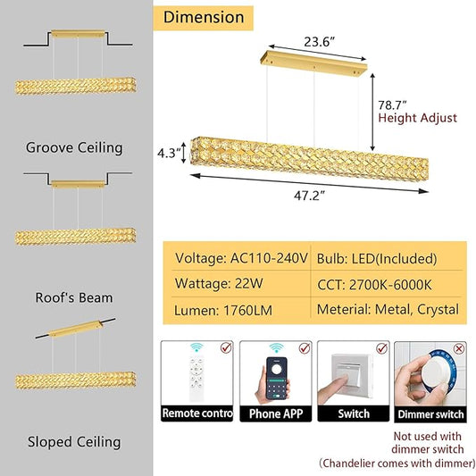 47'' Modern Crystal Chandelier for Dining Room Ceiling Light Fixture for Living Room Hallway Lighting LED Dimmable with Remote Gold