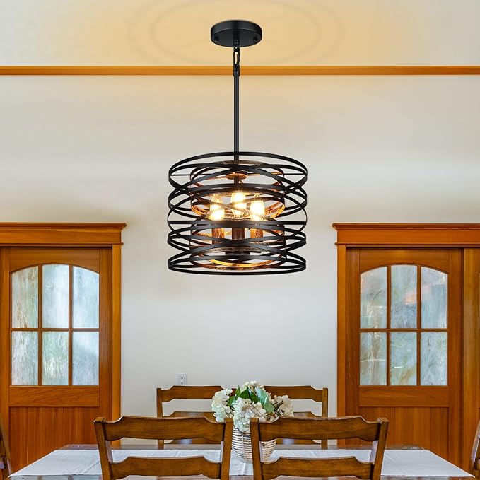 3-Light Farmhouse Black Chandelier for Dining Room Lighting Fixtures, 12.6'' Rustic Drum Ceiling Hanging Pendant Light for Foyer Entryway Kitchen Bedroom, Black with Wood-Grain Metal Interior